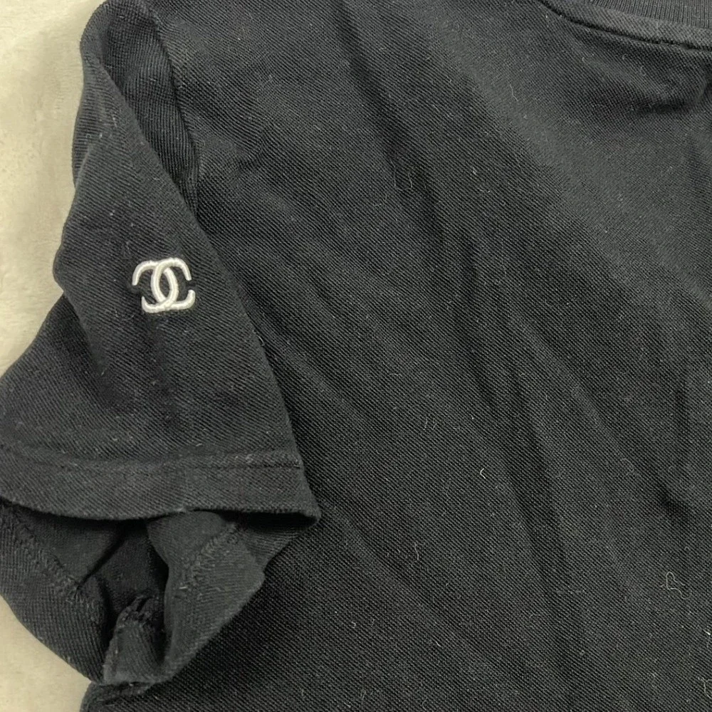 Chanel Uniform Henley Top Womens M Black Short Sleeve Pique CC Logo 20P